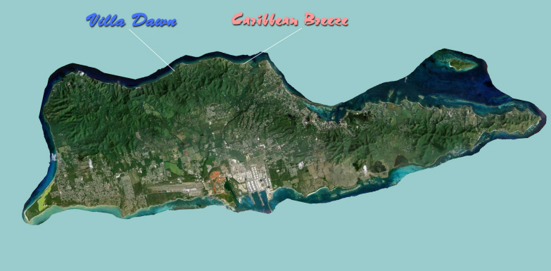 Map of St Croix showing Villa Dawn and Caribbean Breeze location on the island.